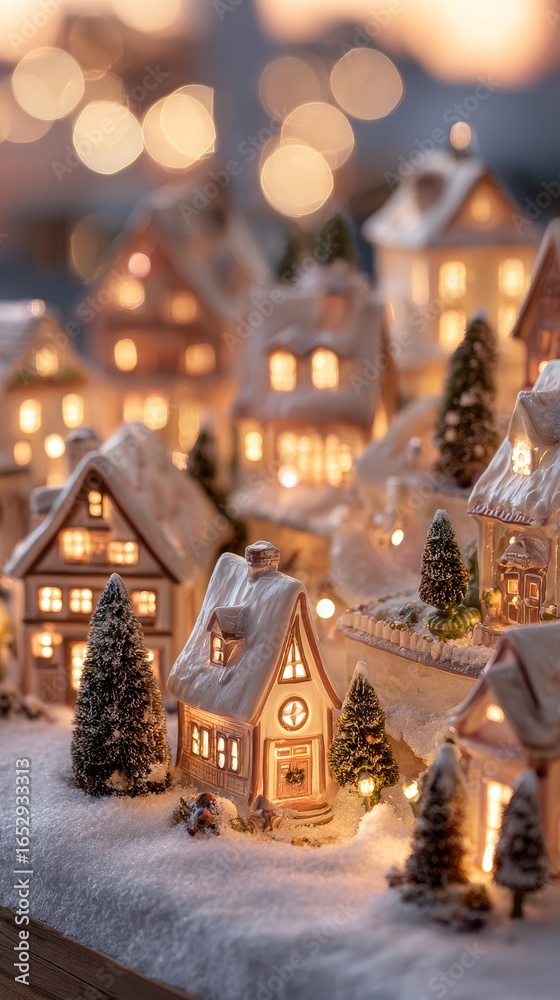 Fototapeta premium Miniature Christmas Village with Snow and Lights