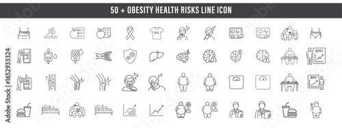 set of Obesity Health Risks line icon . Vector pictograms of BMI chart, body weighing scale, diabetes, cholesterol problems, high blood pressure, fast food, mental health