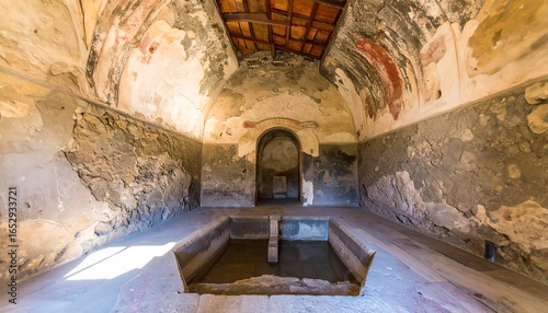 Ancient Roman bathhouse interior, faded frescoes on walls, stone basin with water