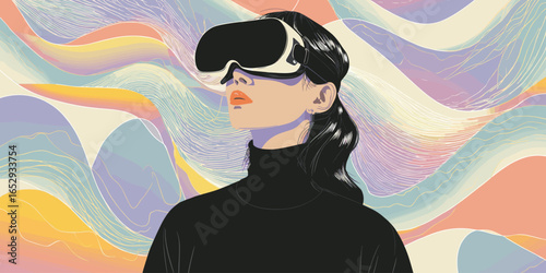 Vector Illustration of Person Wearing VR Glasses with Colorful Sound and Light Waves Against Minimalist Gray Background