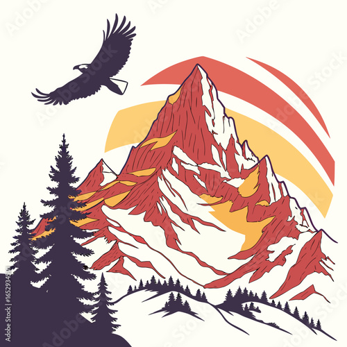 Majestic Mountain Peaks and Eagle in Sunset Sky
