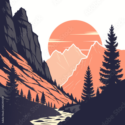 Sunset Mountain River Landscape Illustration