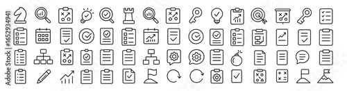Action plan vector web icon set in modern line style, strategy and planning icons for web and mobile app, including analysis, tasks, goals, implementation, project management
