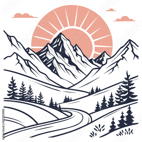 Mountain Landscape Illustration with Sun and Road