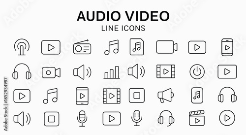 Audio and video vector web icon set in modern line style, music and multimedia icons for web and mobile app, including podcast, radio, song, media player and streaming entertainment