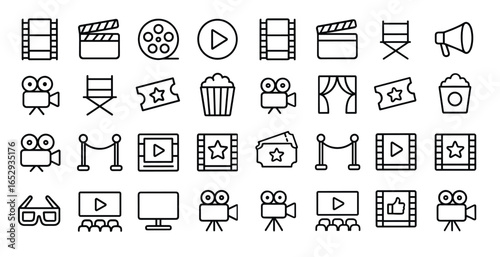 Cinema vector web icon set in modern line style, movie and film linear icons for web and mobile app, including theater, 3D, VR, popcorn, ticket, director, soundtrack and editable stroke design