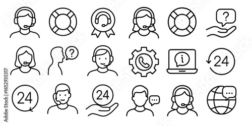 Customer service vector web icon set in modern line style, help and support icons for web and mobile app, including online assistance, 24 hrs service, client care and consultation illustration