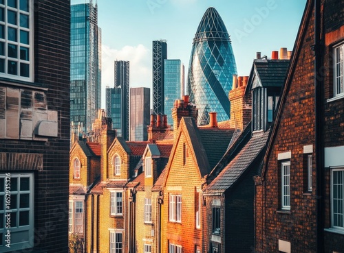 London cityscape traditional houses with modern skyscrapers in background.