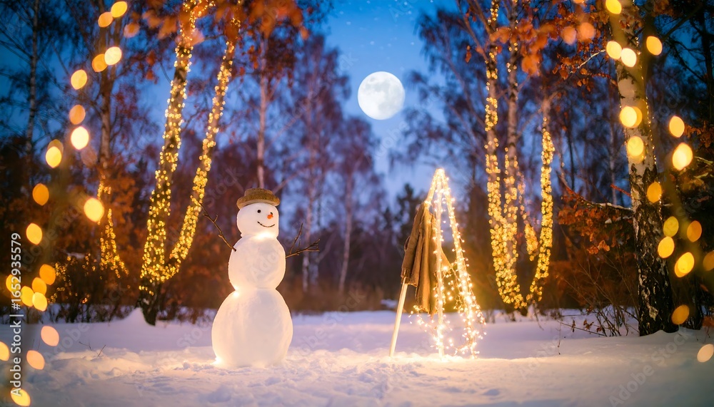 Fototapeta premium Snowy snowman in a winter forest at night