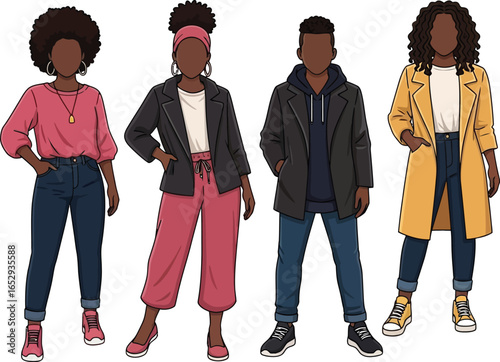 Four stylish Black individuals modeled in various casual outfits, showcasing diverse fashion choices.