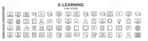 E-learning vector web icon set in modern line style, online education icons for web and mobile app, including distance learning, video tutorial, online lecture, school