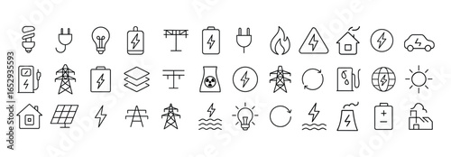 Electricity and energy vector web icon set in modern line style, power and renewable energy icons for web and mobile app, including electricity, solar, wind, battery, fuel and eco energy illustration
