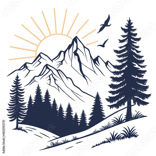 Mountain Landscape with Sun and Trees Illustration