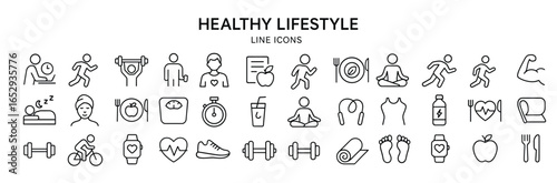 Healthy lifestyle vector web icon set in modern line style, fitness and sport icons for web and mobile app, including physical activity, exercise, gym, rest, sleep, body care and diet