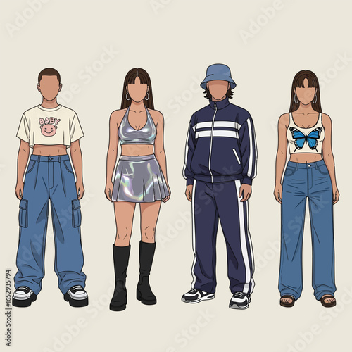 Stylish illustration showcasing four diverse individuals in trendy 90s-inspired outfits.