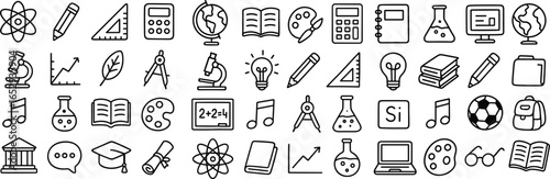 Modern school subjects vector doodle icon set in line style, education and learning icons for web and mobile app, including math, science, language, history, art, music and technology illustration
