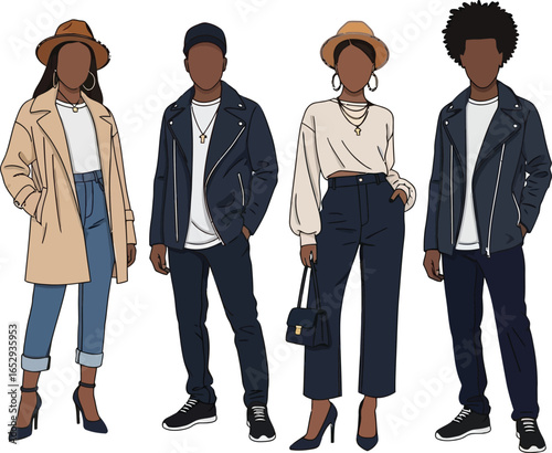 Fashion illustration depicting four diverse individuals in stylish, modern outfits, posing.
