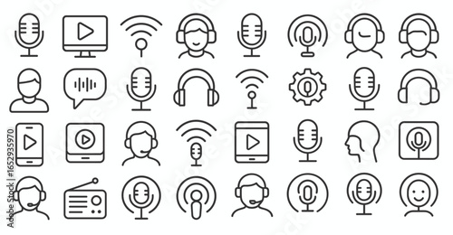 Podcast vector web icon set in modern line style, radio and audio linear icons for web and mobile app, including microphone, headphones, broadcast, streaming, sound and voice illustration