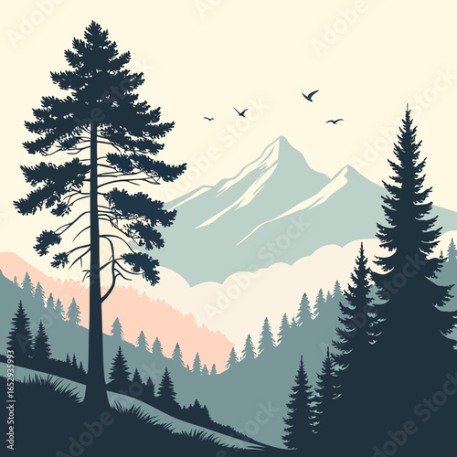 Tranquil Mountain Vista with Tall Pine Tree and Forest