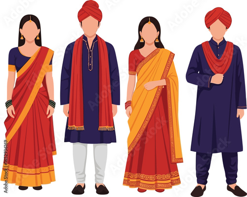 Illustration depicting four figures, two women and two men, in traditional Indian attire, standing.