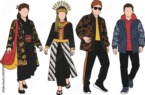 Illustration depicting four figures in various attire, including traditional Indonesian garments and modern clothing.