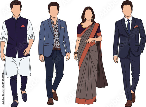 Four stylishly dressed individuals showcasing diverse formal attire, including a suit, saree, and traditional Indian clothing.