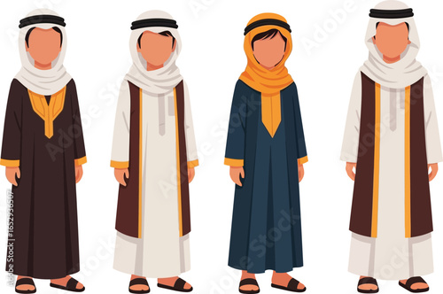 Four cartoon figures of people wearing traditional Middle Eastern clothing, including headscarves and robes.