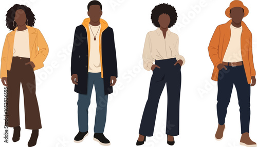 Four diverse people in stylish autumnal outfits, presented as flat illustrations.