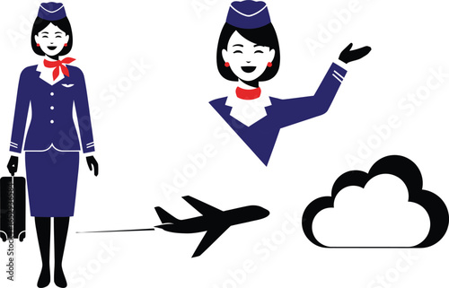 Stylized illustration of an air hostess, airplane, and cloud, for a travel-themed graphic design.