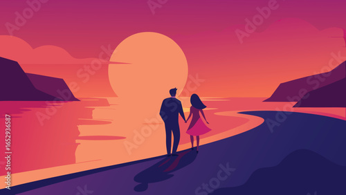 Couple Holding Hands Walking on a Path Towards a Sunset Over the Water vector illustration transparency background