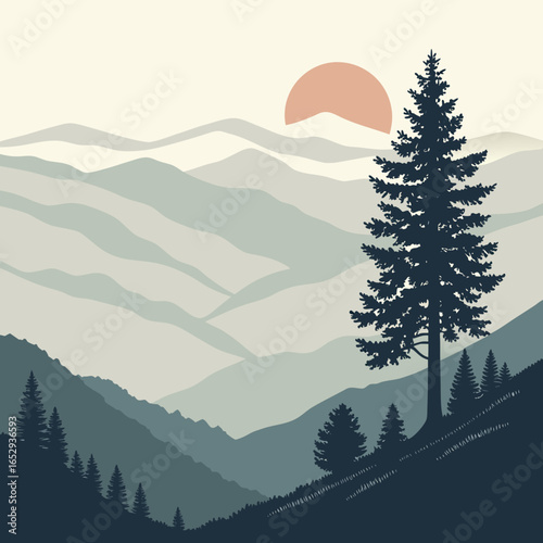Mountain Range Landscape with Pine Tree