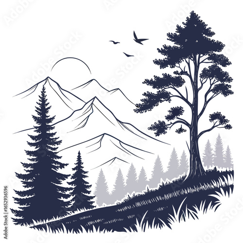 Majestic Mountain Landscape with Pine Trees Illustration