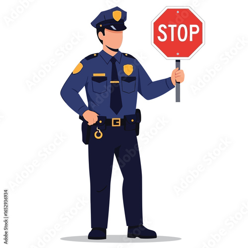 Police officer holding a stop sign, illustration of law enforcement.