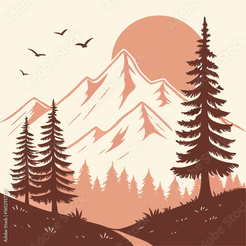 Mountain Landscape Illustration with Pine Trees