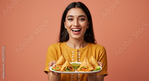Happy Woman Holding Plate of Samosas