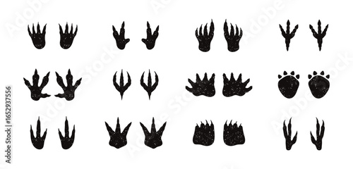 Dinosaur footprint silhouette textured grunge doodle hand drawn icon set. Drawing line clipart symbol collection