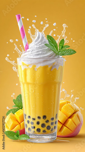 A cartoon-style 3D illustration of bubble milk tea with mango, featuring vibrant colors and playful design.