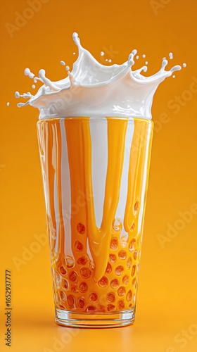 Cartoon-style bubble milk tea with mango color in 3D, perfect for creative projects and beverage designs.