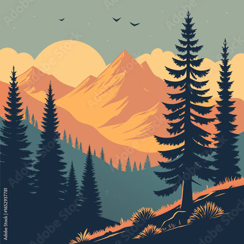 Vibrant Mountain Landscape With Pine Trees and Sun