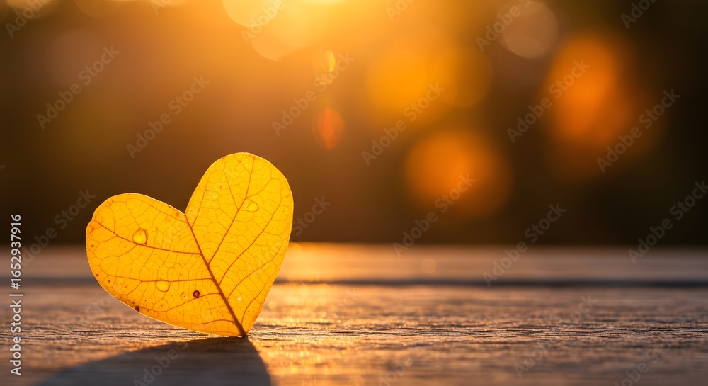 Fototapeta premium Close up of a yellow heart shaped leaf on a wooden surface with a blurred golden background at sunset