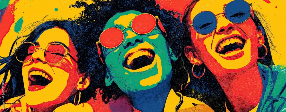 custom made wallpaper toronto digitalIllustration of friends looking down with sunglasses and smiling, hip style