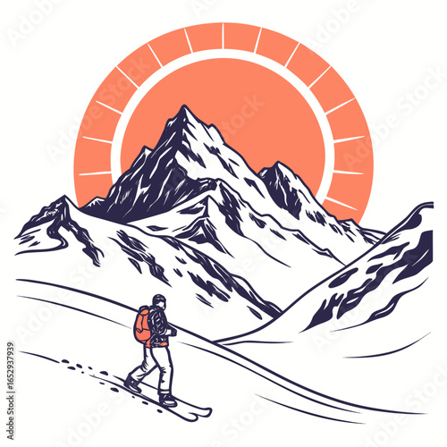 Backcountry skiing adventure in snowy mountains with a vibrant sun.
