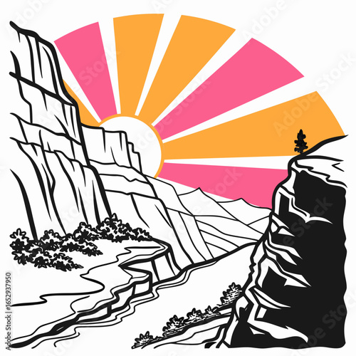 Sunrise Over Majestic Canyon Landscape Illustration