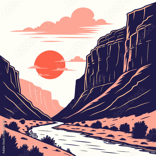 Serene Desert Canyon River Sunset Illustration