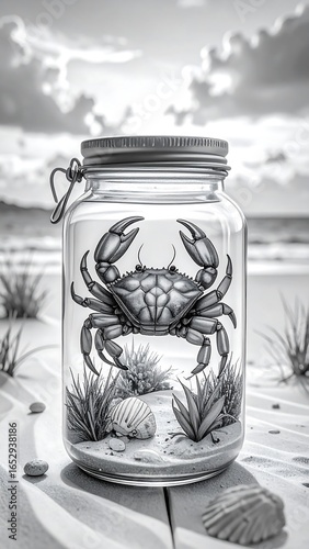 Crab in a glass jar on a beach