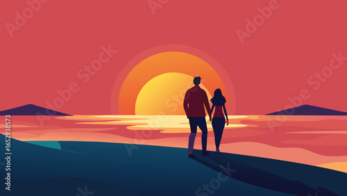 Couple walking hand-in-hand on a hill overlooking a serene sunset ocean landscape people silhouette transparency background