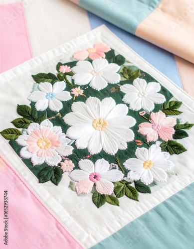 Detailed embroidered floral quilt square