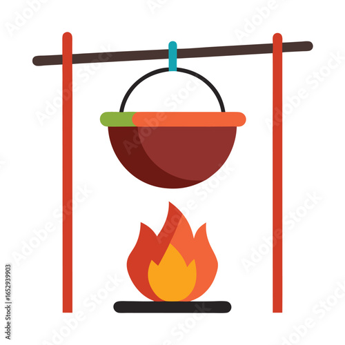 Flat vector illustration of a camping cooking pot suspended over a crackling campfire with flames and smoke
