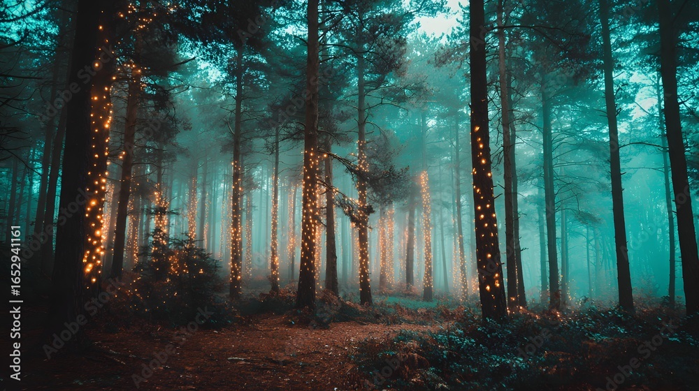 Obraz premium A mystical forest path, bathed in warm, golden light from festive decorations on the trees, creating a serene and enchanting atmosphere.