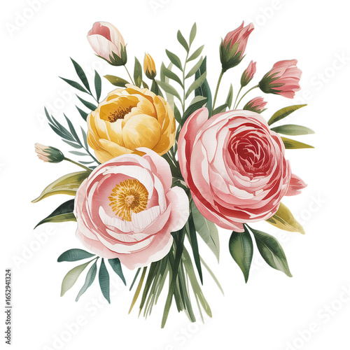 Watercolor illustration of a bouquet with pink and yellow flowers